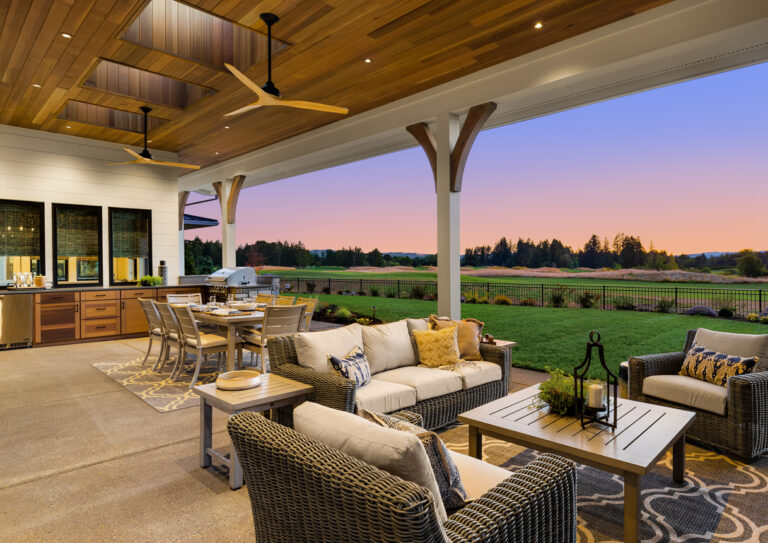 Covered patio with beautiful sunset view